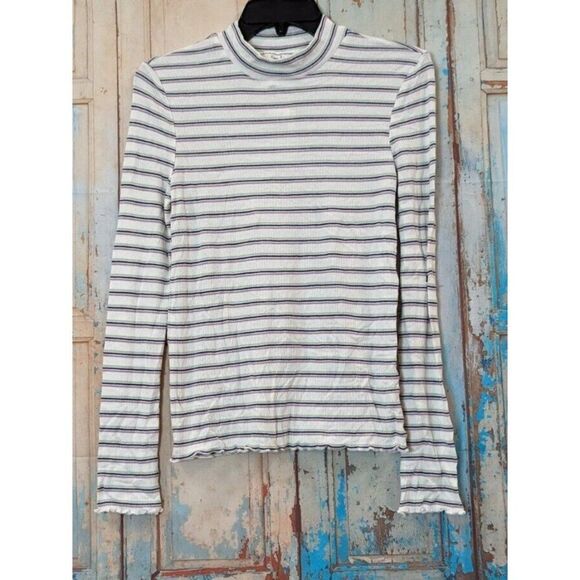 Hippie Rose Womens Size Large Ivory Striped Long Sleeve Mock Neck Blouse Top - Picture 1 of 9